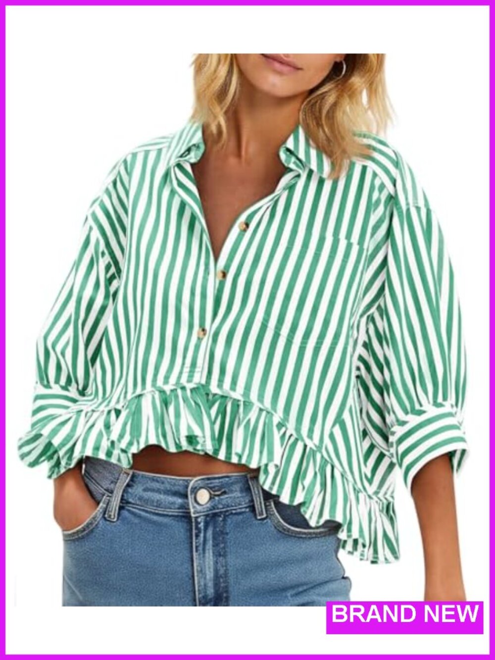 Cropped Striped Button Down Shirt with Ruffle 3/4 Sleeve
